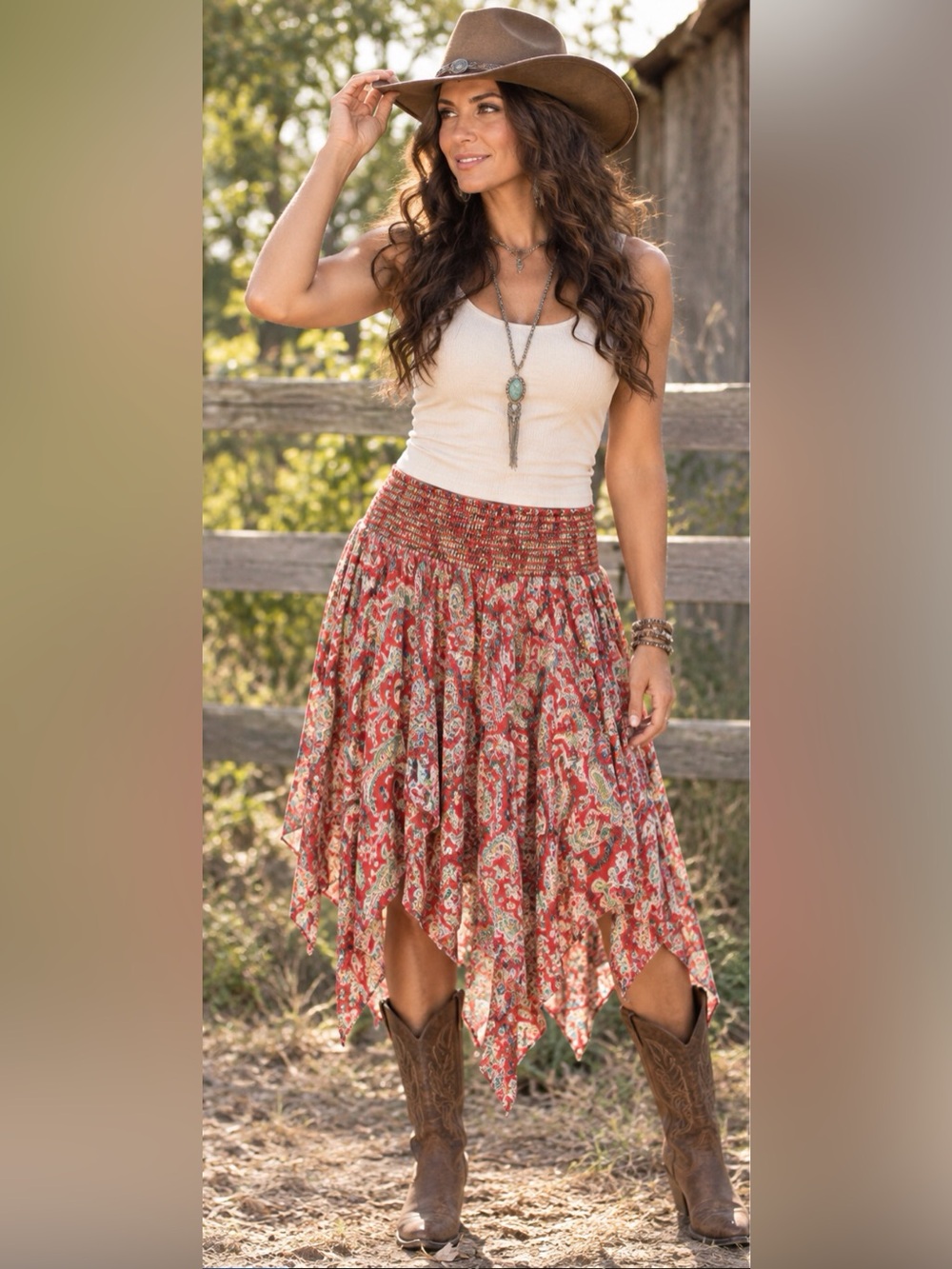 Vintage ARK & CO Red Paisley Floral Boho Asymmetrical Skirt